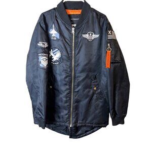 Victorious Black Military-Style Bomber Jacket Air Force Patches Ribbed Collar &